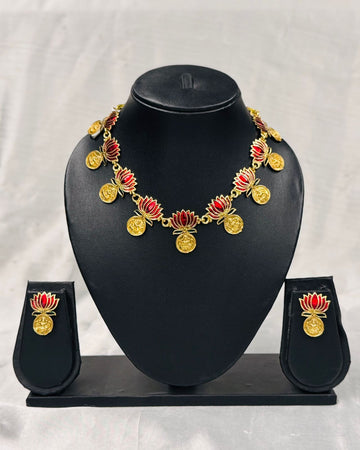 Red Lotus Temple Necklace with Earrings set,llb310