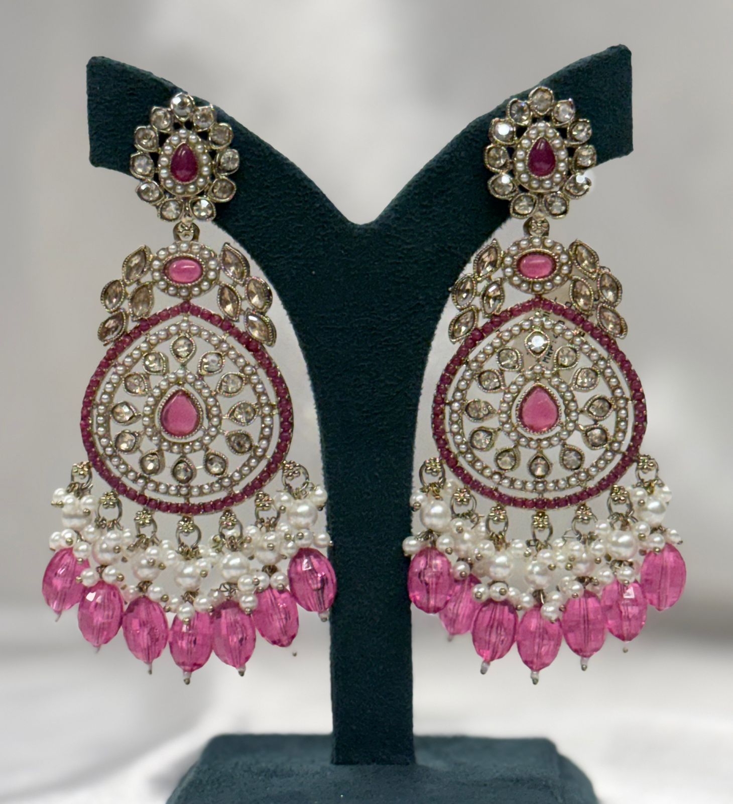 Pink Kundan Chandbali Earrings with Pearl Drops,620
