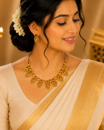 Antique Gold Nakshi Lakshmi Mango Leaf Fringe Necklace Set | OL 168