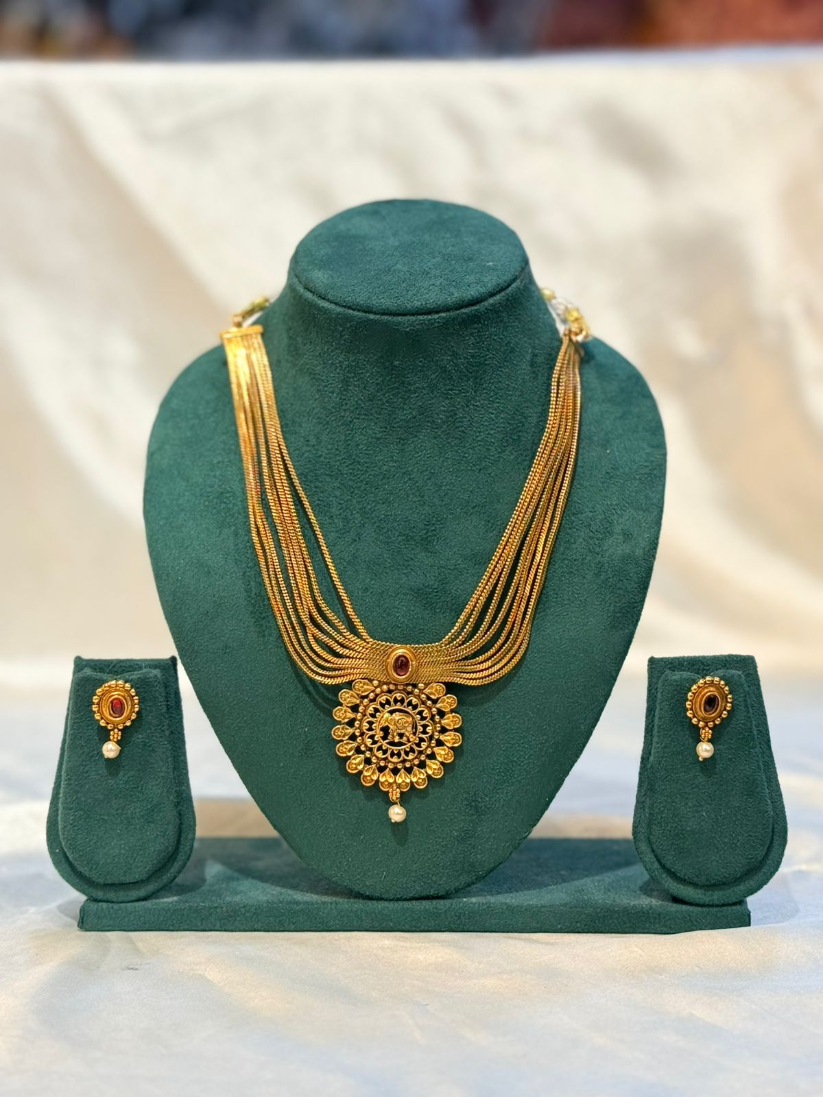 Multi-Layer Gold Chain Necklace with Elephant Pendant & Earring Set | llb066