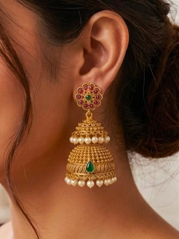 Antique Gold Double Tier Jhumka Earrings with Emerald & Pearl | LLB0170