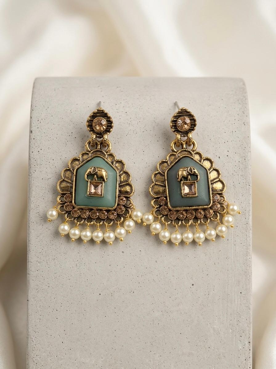 Antique Gold Mint Green Meenakari Earrings with Elephant Motif & Pearl Drops | llb0106