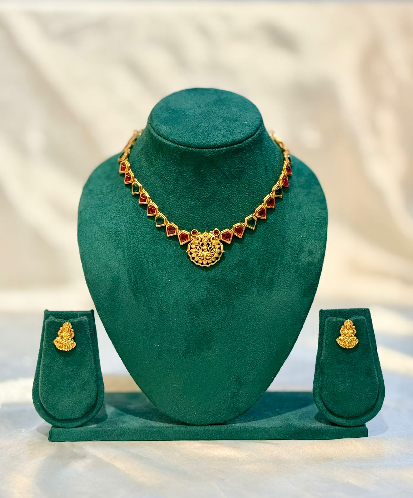 Lakshmi Ruby Kemp Stone Temple Necklace & Earring Set – Antique Gold | llb067