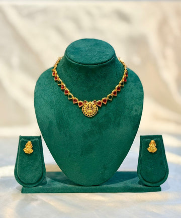 Lakshmi Ruby Kemp Stone Temple Necklace & Earring Set – Antique Gold | llb067