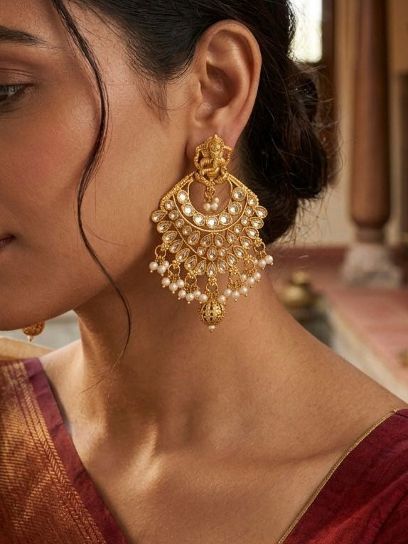 Ganesha Chandbali Earrings with Polki & Pearl Drops | llb053