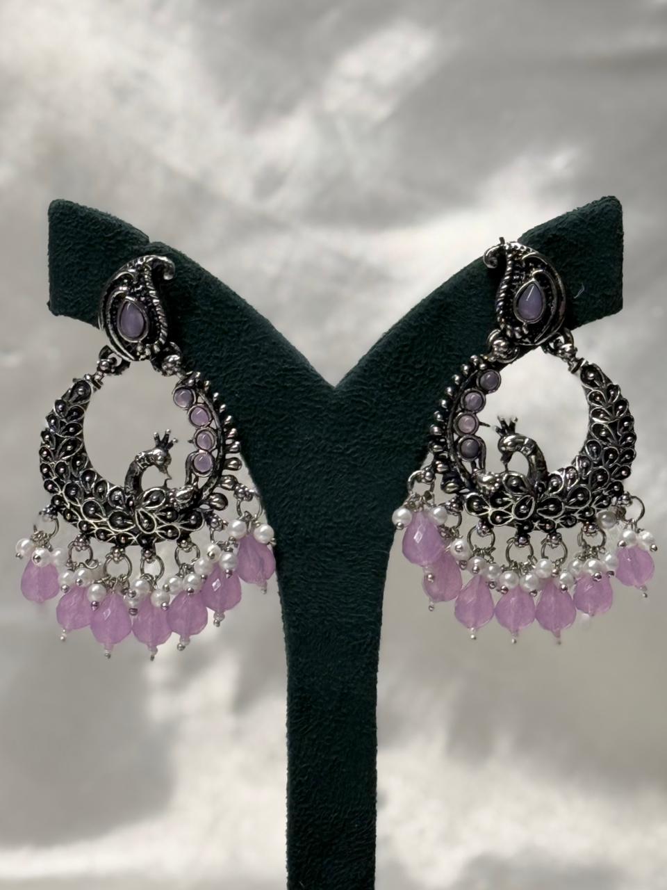 Oxidised Silver Peacock Chandbali Earrings with Lilac Stones,llb607