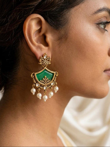 Green Enamel Chandbali Earrings | Antique Gold Pearl Drops |llb0111