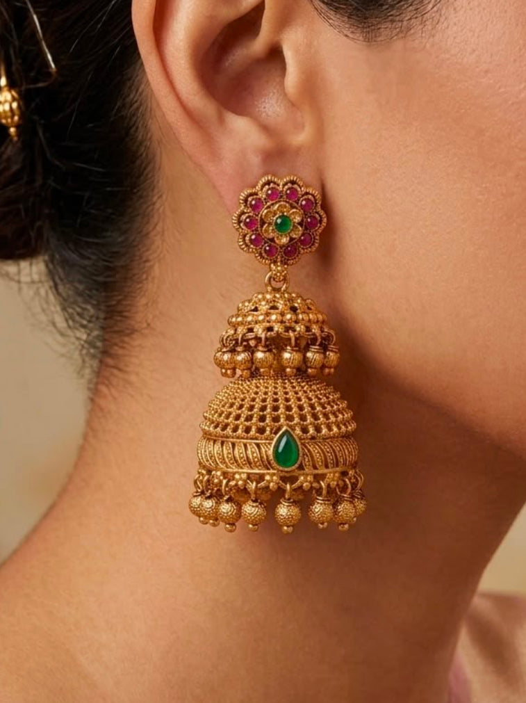 Antique Gold Double Layer Jhumka Earrings with Ruby & Emerald | LLB0165