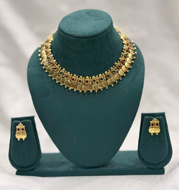 Antique Gold Coin Necklace Set with Ruby & Green Stones,llb445