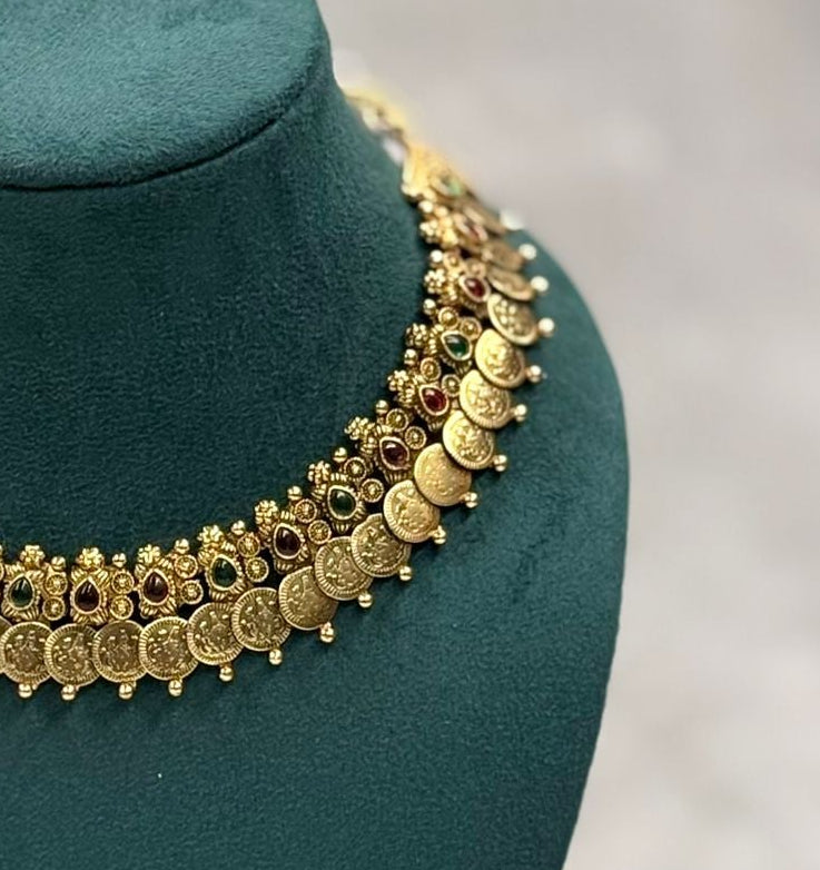Antique Gold Coin Necklace Set with Ruby & Green Stones,llb445