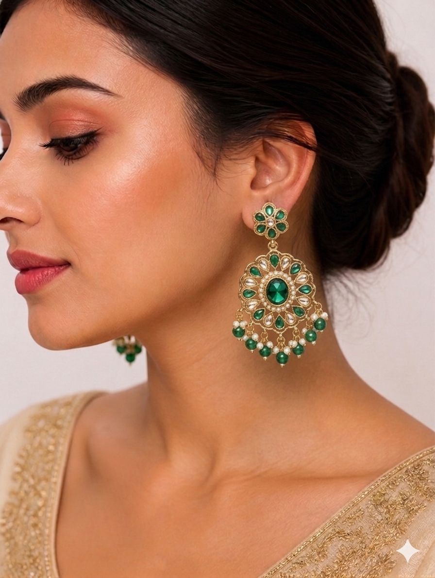Emerald Green Kundan Chandbali Earrings with Bead Drops | llb1999