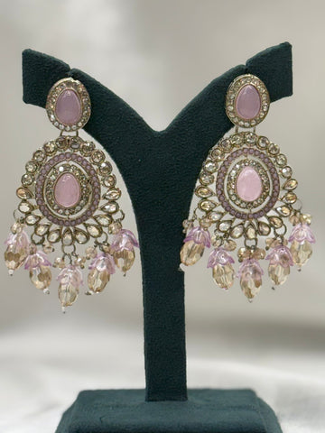 Pink Kundan Chandbali Earrings with Crystal Drops,llb6266