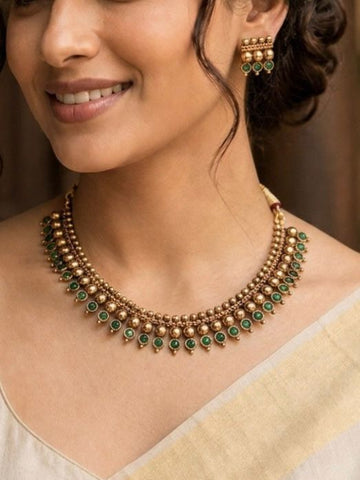 Antique Gold Guttapusalu Necklace Set with Emerald Stones & Earrings | llb033