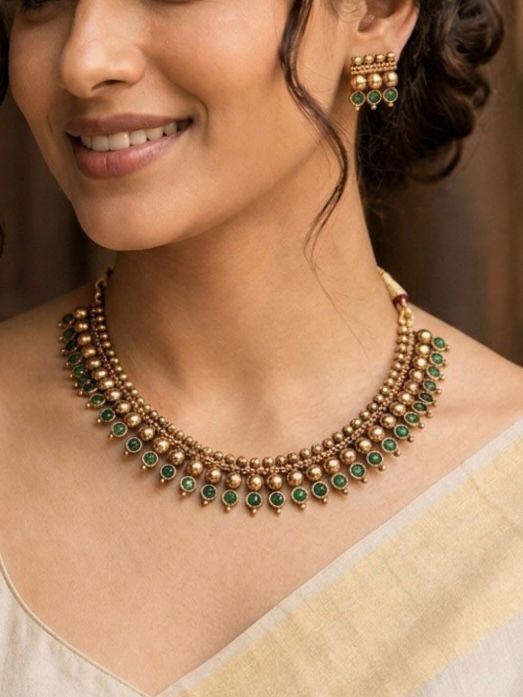 Antique Gold Guttapusalu Necklace Set with Emerald Stones & Earrings | llb033