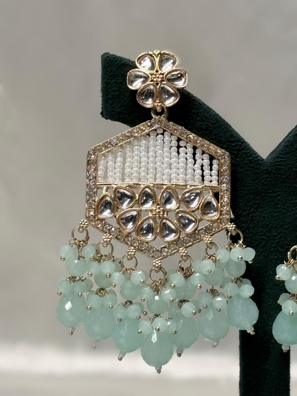 Mint Green Kundan Pearl Drop Earrings for Women,llb596