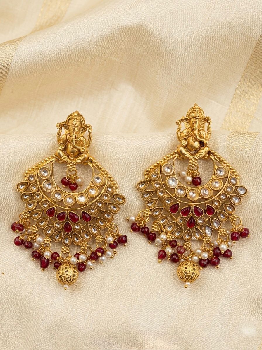 Ganesha Temple Chandbali Earrings with Kundan, Ruby & Pearl Drops | llb103