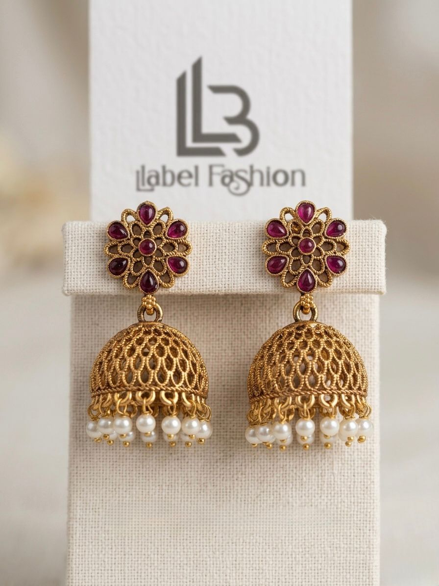Ruby Kemp Jhumka Earrings with Pearl Drops | Antique Gold Temple Jewellery | llb0133