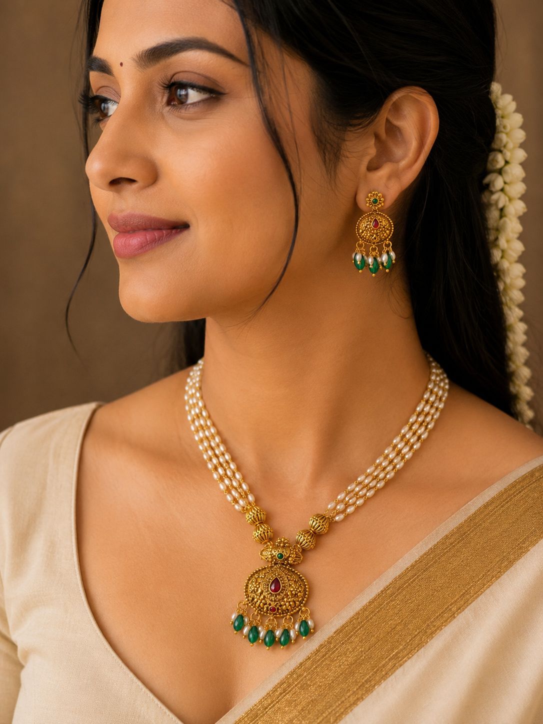 Antique Gold 6layed Pearl Strand Necklace Set with Emerald & Ruby Pendant | LV1410