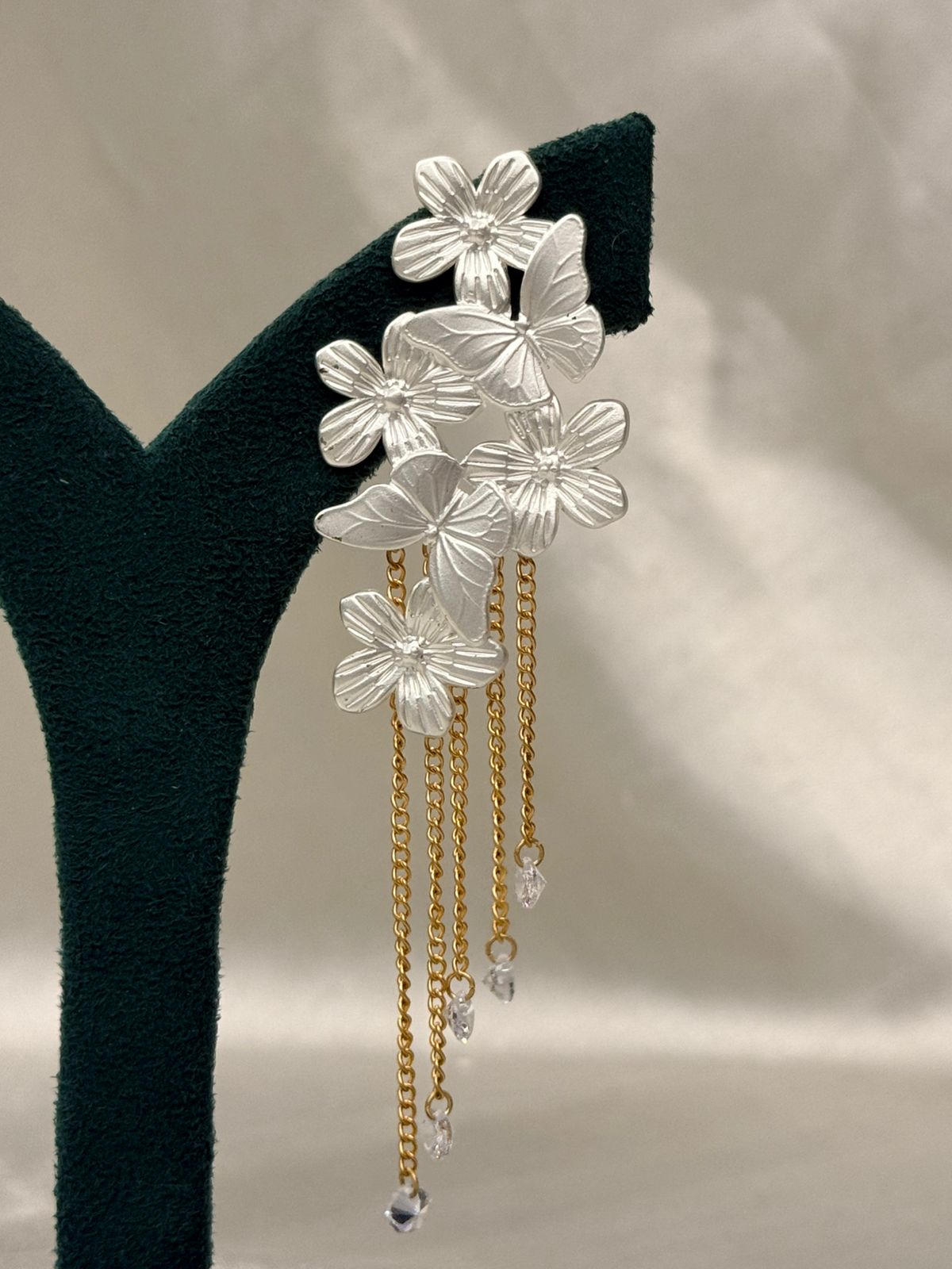 Silver Floral & Butterfly Drop Earrings with Gold Chain Tassels,llb706