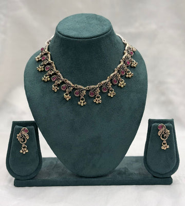 Antique Silver Necklace Set with Ruby Stones,llb449
