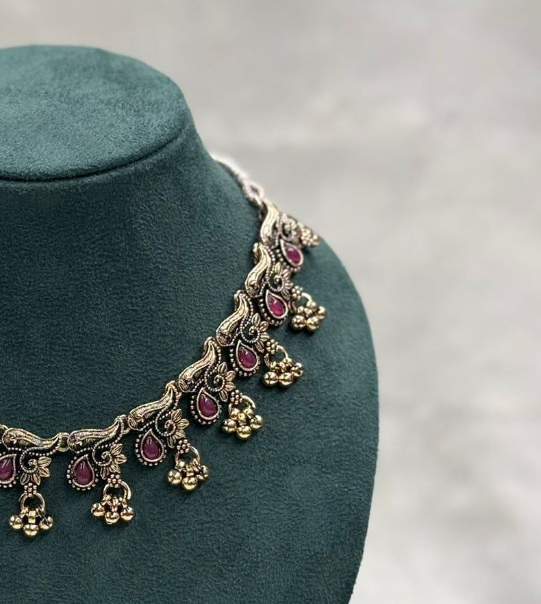 Antique Silver Necklace Set with Ruby Stones,llb449