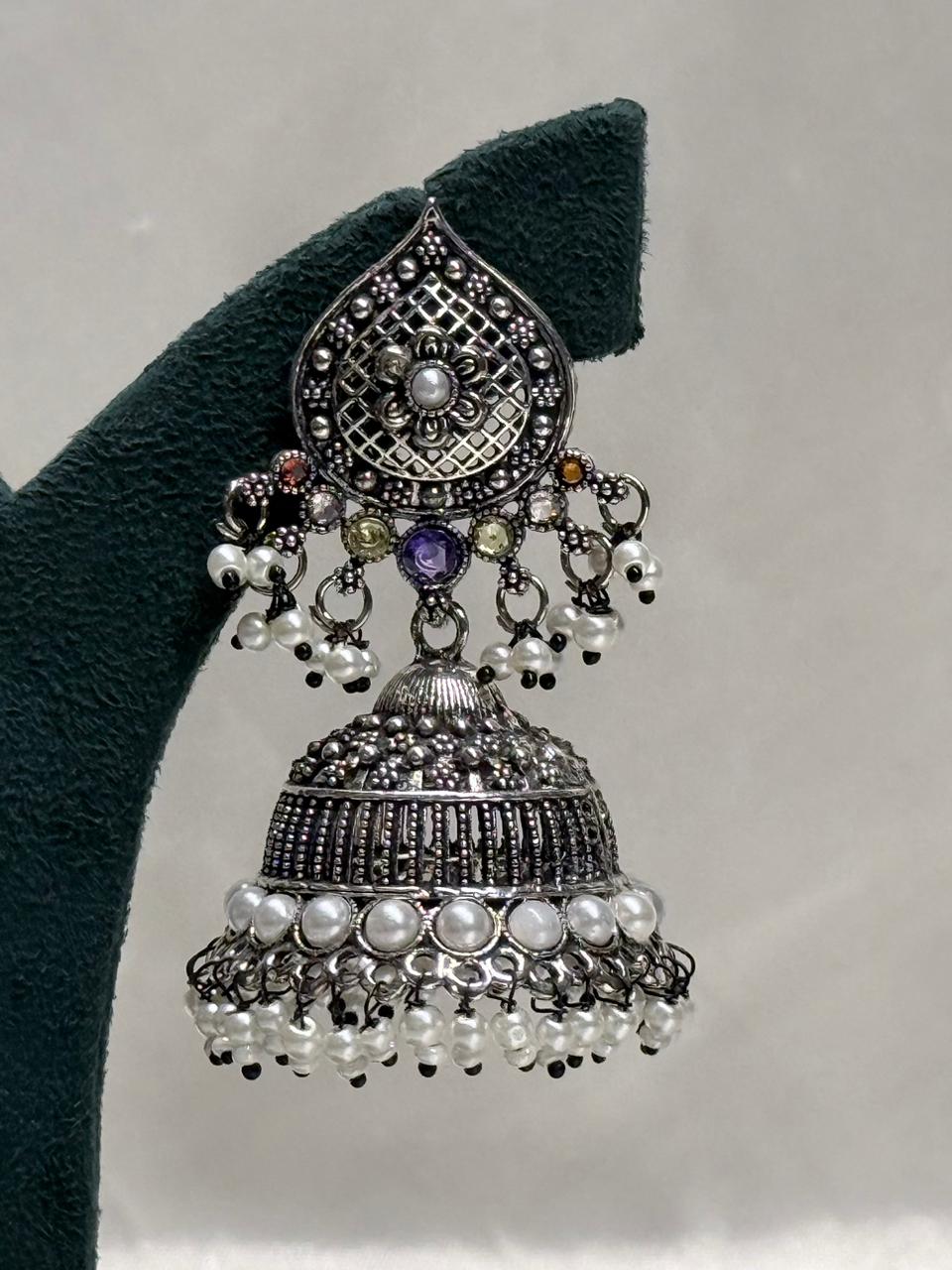 Oxidised Silver Jhumka Earrings with Pearls,llb601