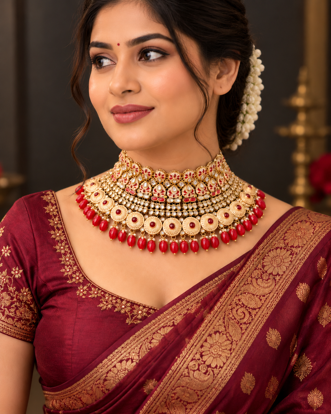 Traditional Bridal Jewellery Set with Red Beads and White Stone Embellishments | L8692