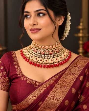 Traditional Bridal Jewellery Set with Red Beads and White Stone Embellishments | L8692