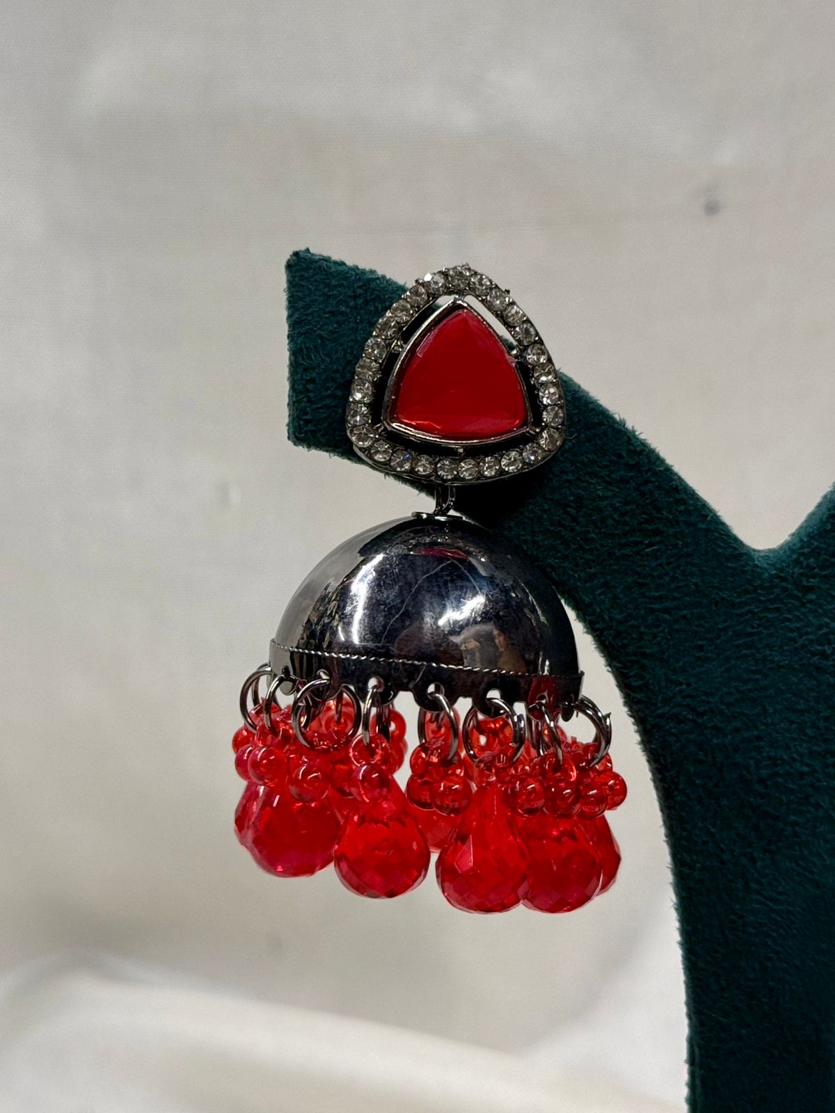 Oxidised Silver Red Stone Jhumka Earrings with Beads,llb4422