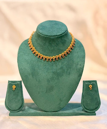 Antique Gold Floral Ruby Bead Choker Necklace & Earring Set | llb070