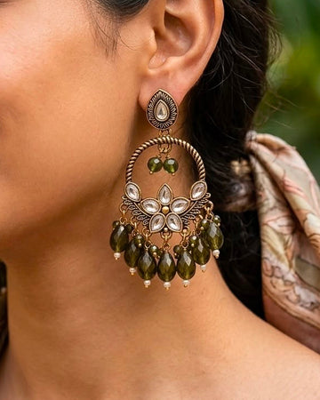 Kundan Olive Green Crystal Chandbali Earrings | llb0157
