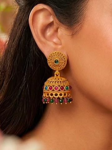 Antique Gold Ruby & Emerald Stone Jhumka Earrings | LLB0169