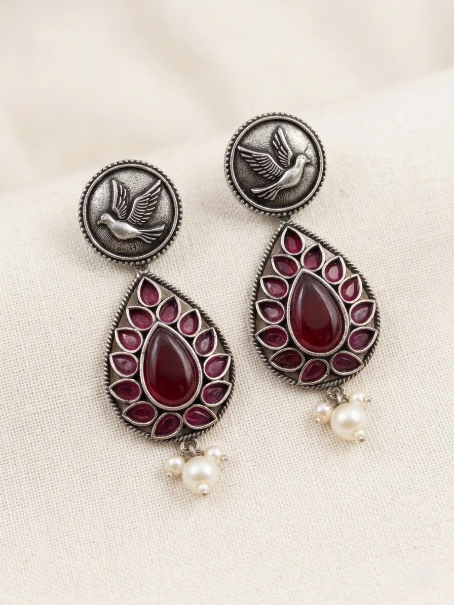 Oxidised Silver Ruby Teardrop Earrings | llb0153
