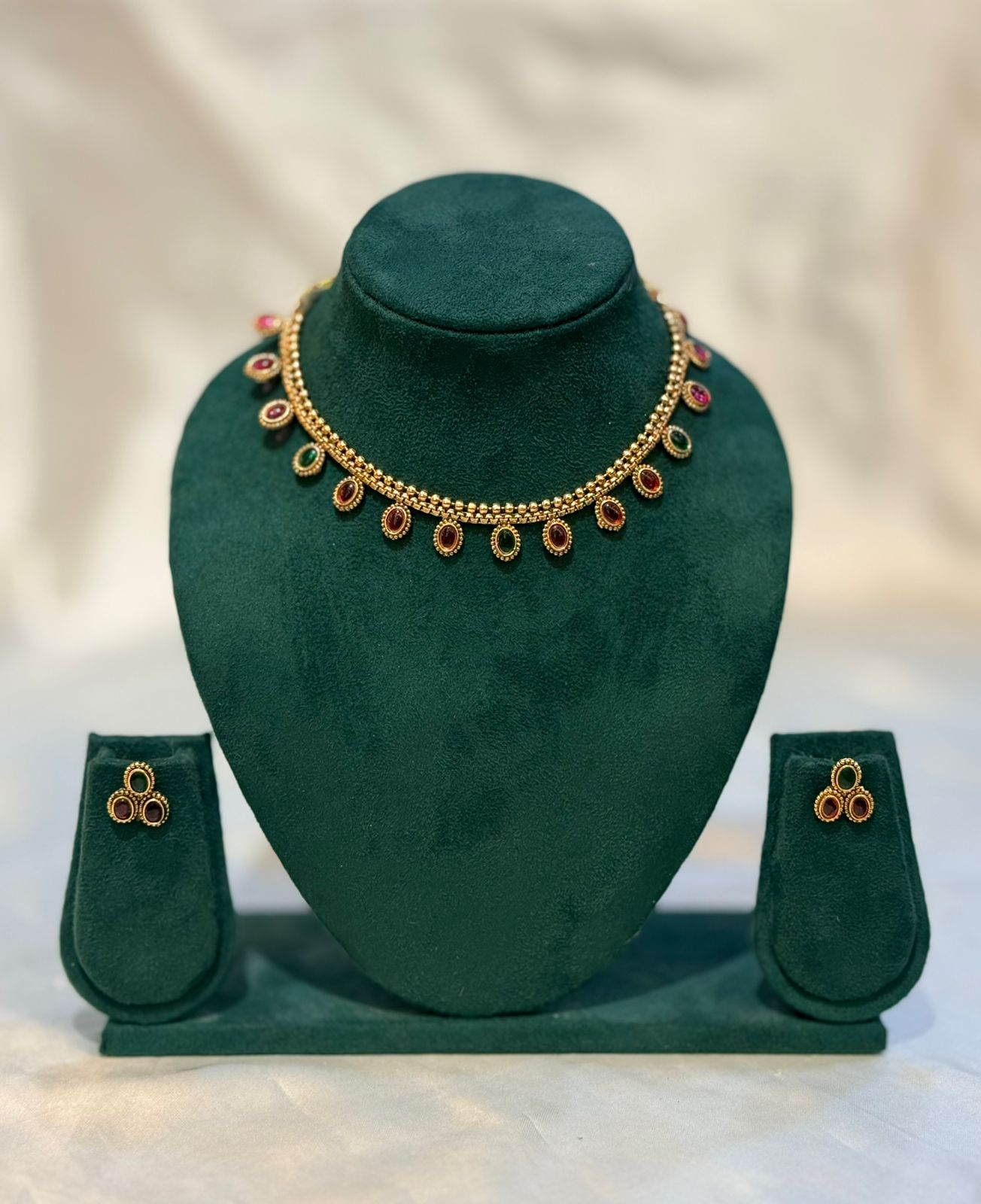 Ruby Emerald Oval Drop Gold Necklace & Trio Stud Earring Set | llb072