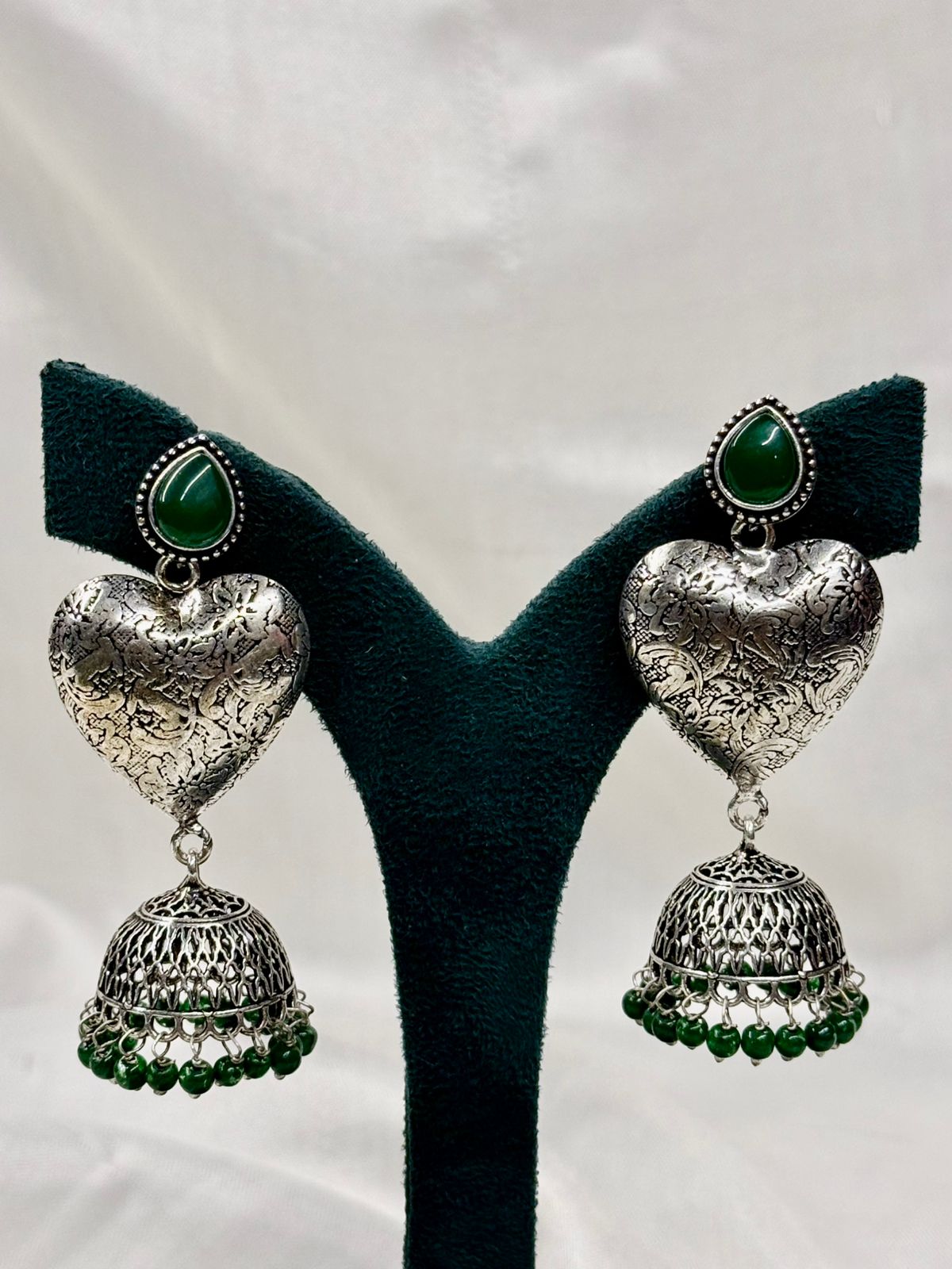 Oxidised Silver Heart Jhumka Earrings with Green Stone,llb442