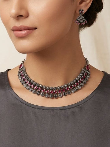 Ruby Red Oxidised Silver Choker Necklace Set | LLB045