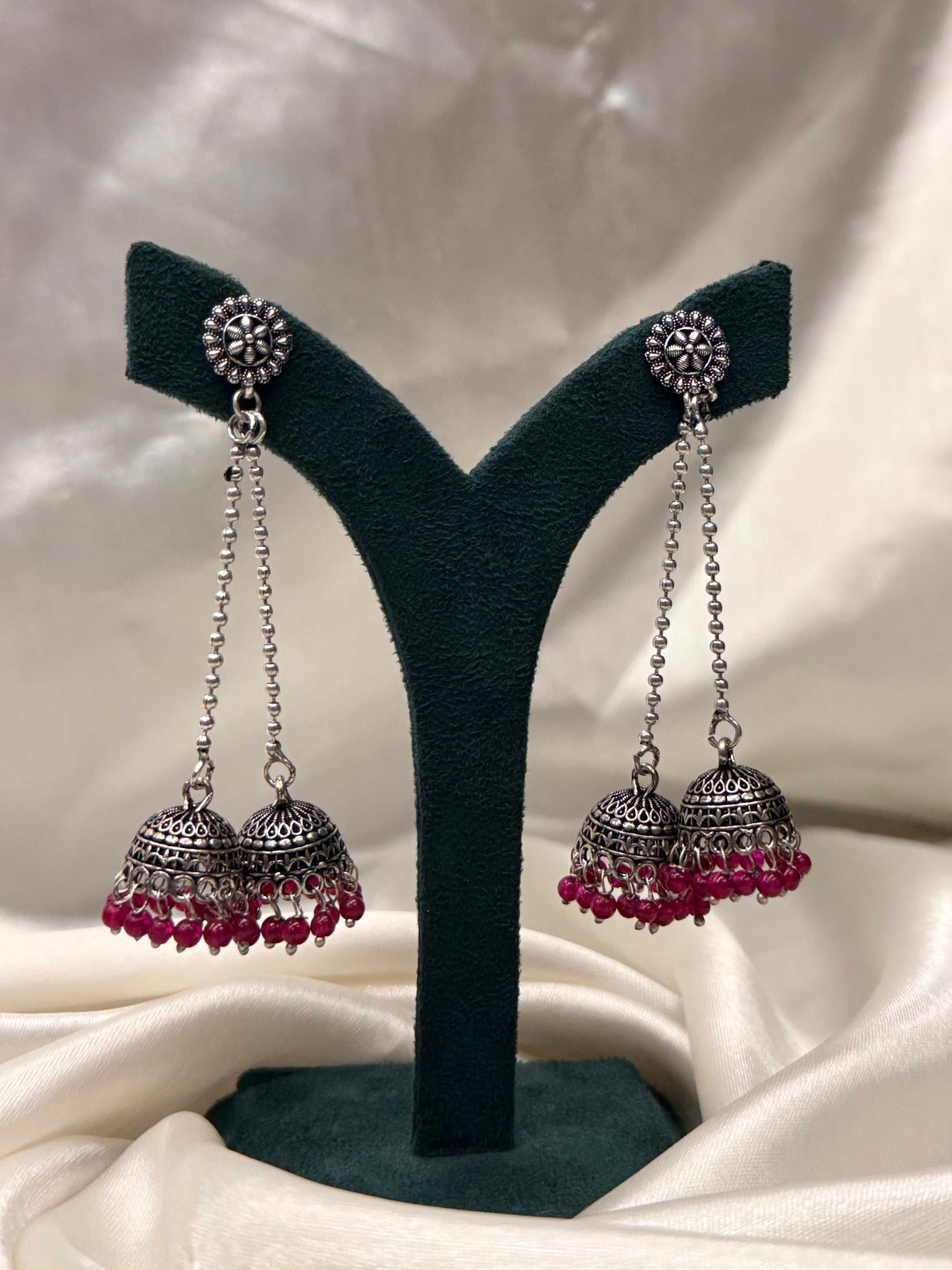 Antique Silver Jhumka Earrings with Pink Beads,llb332
