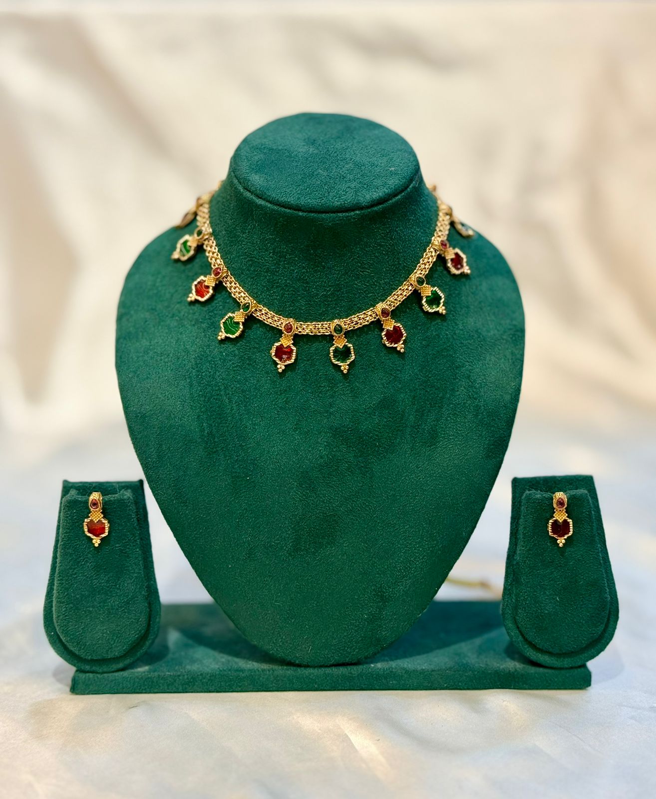 Ruby Emerald Square Charm Gold Necklace & Drop Earring Set | llb074