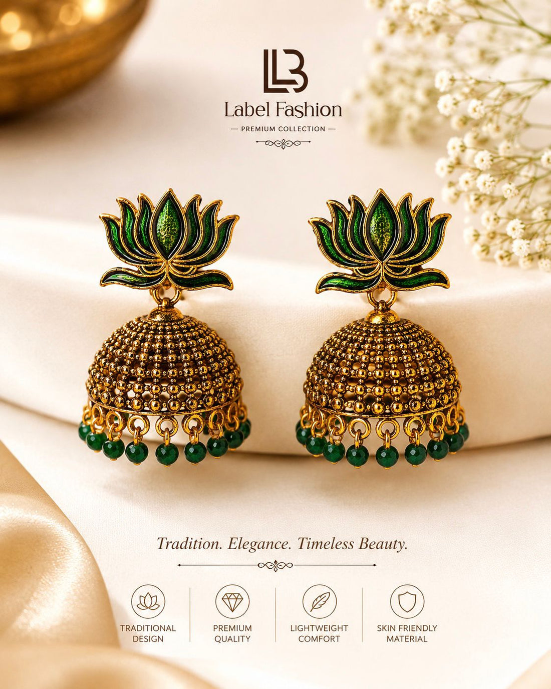 Green Lotus Jhumka Earrings | Antique Gold Temple Jewellery | llb0142