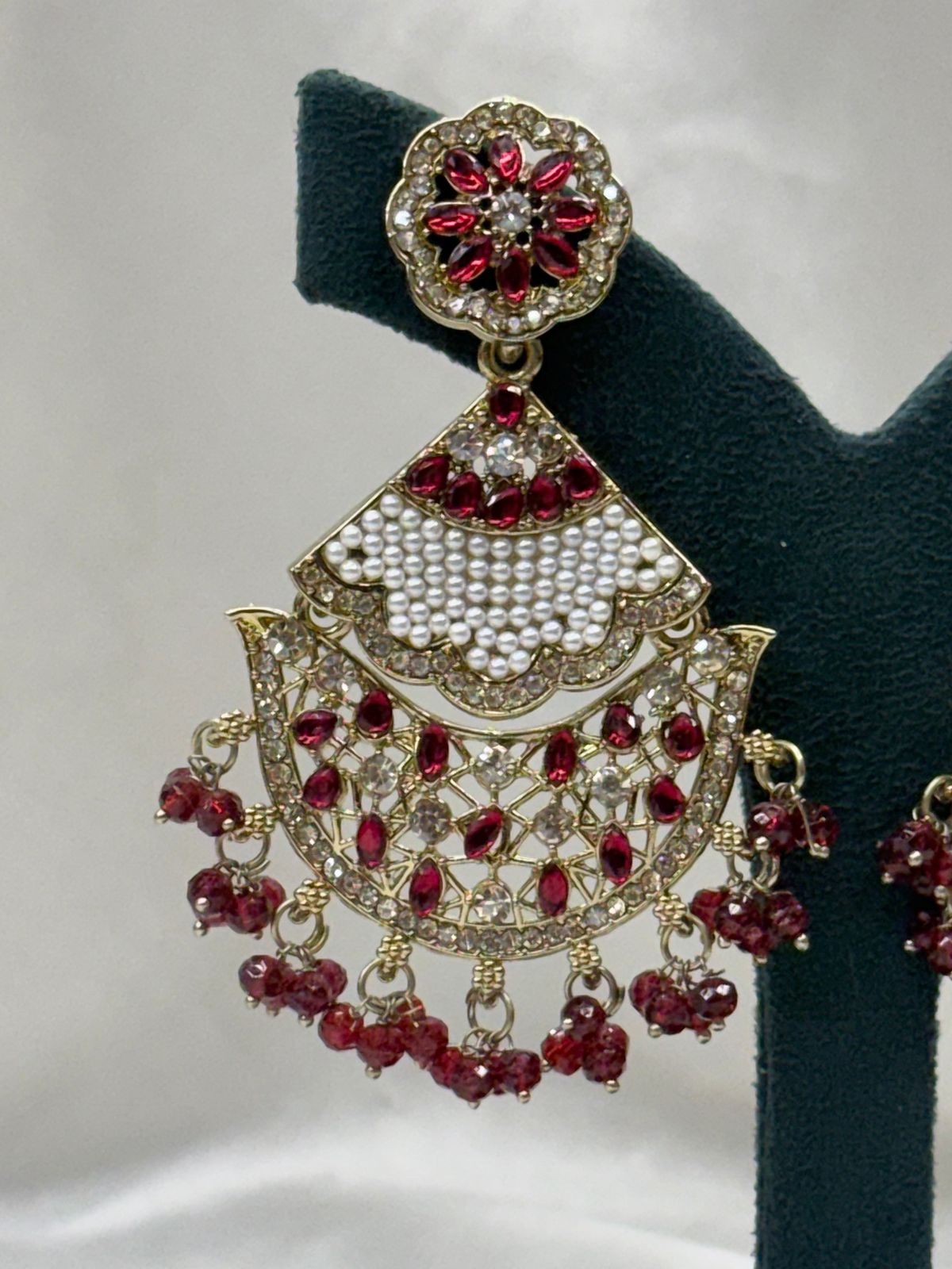 Red Kundan Chandbali Earrings with Pearl & Crystal Drops,llb627