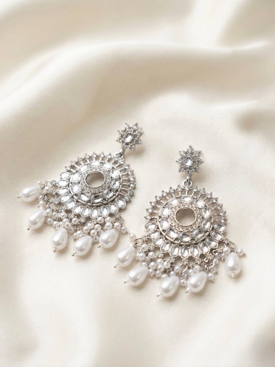 Silver Polki Chandbali Earrings with Pearl Drops | llb040
