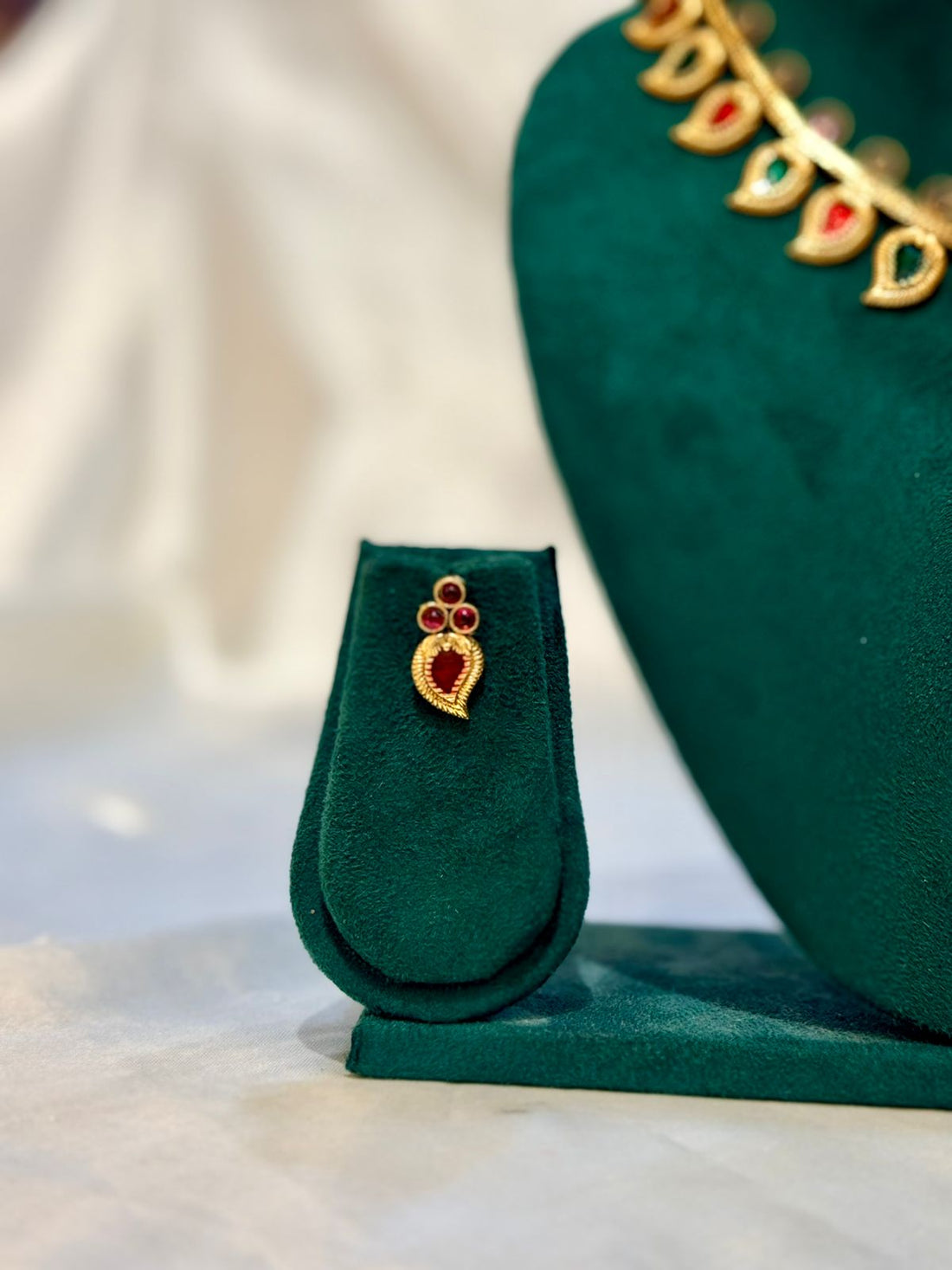 Ruby Emerald Mango Leaf Gold Necklace & Drop Earring Set | llb076