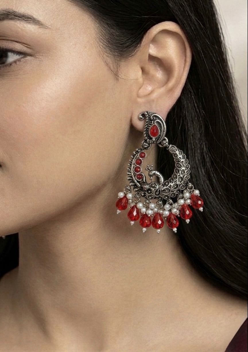 Oxidised Silver Peacock Chandbali Earrings / llb016