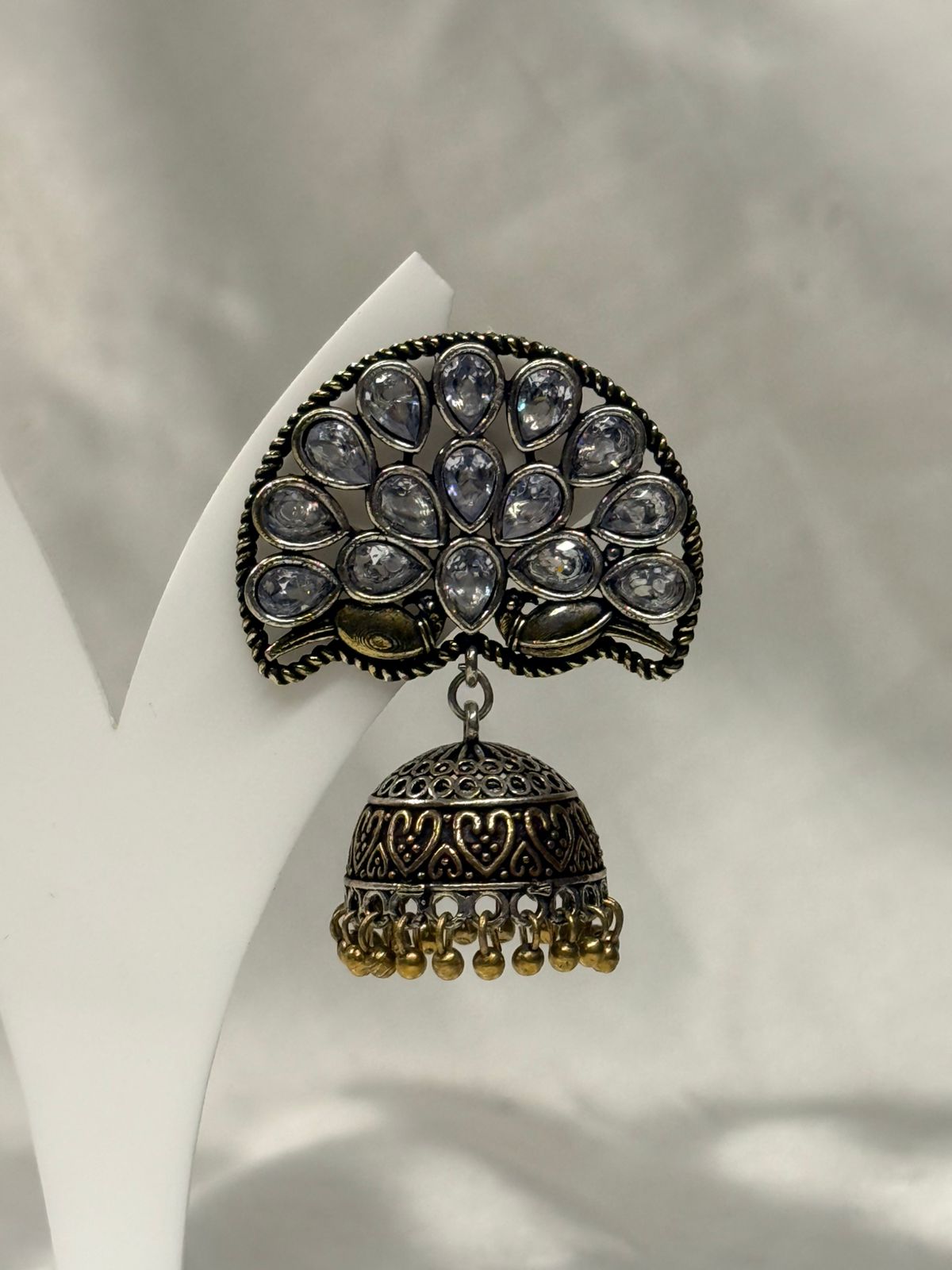 Antique Gold Peacock Design Jhumka Earrings with Crystal Stones,llb643