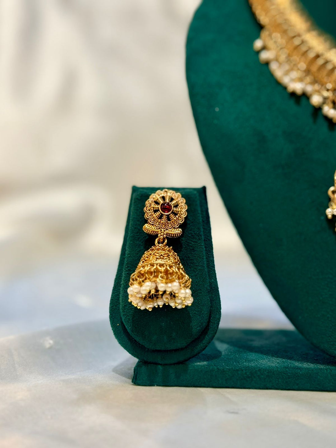 Antique Gold Peacock Chandbali Necklace & Jhumka Earring Set with Pearls | llb078