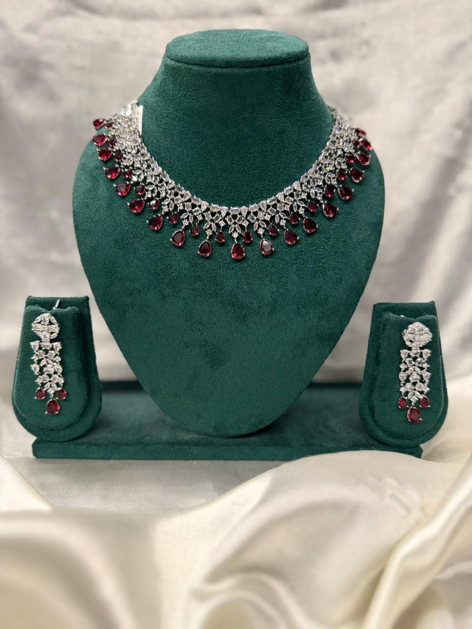 Silver CZ Necklace Set with Ruby Red Teardrop Stone,llb338
