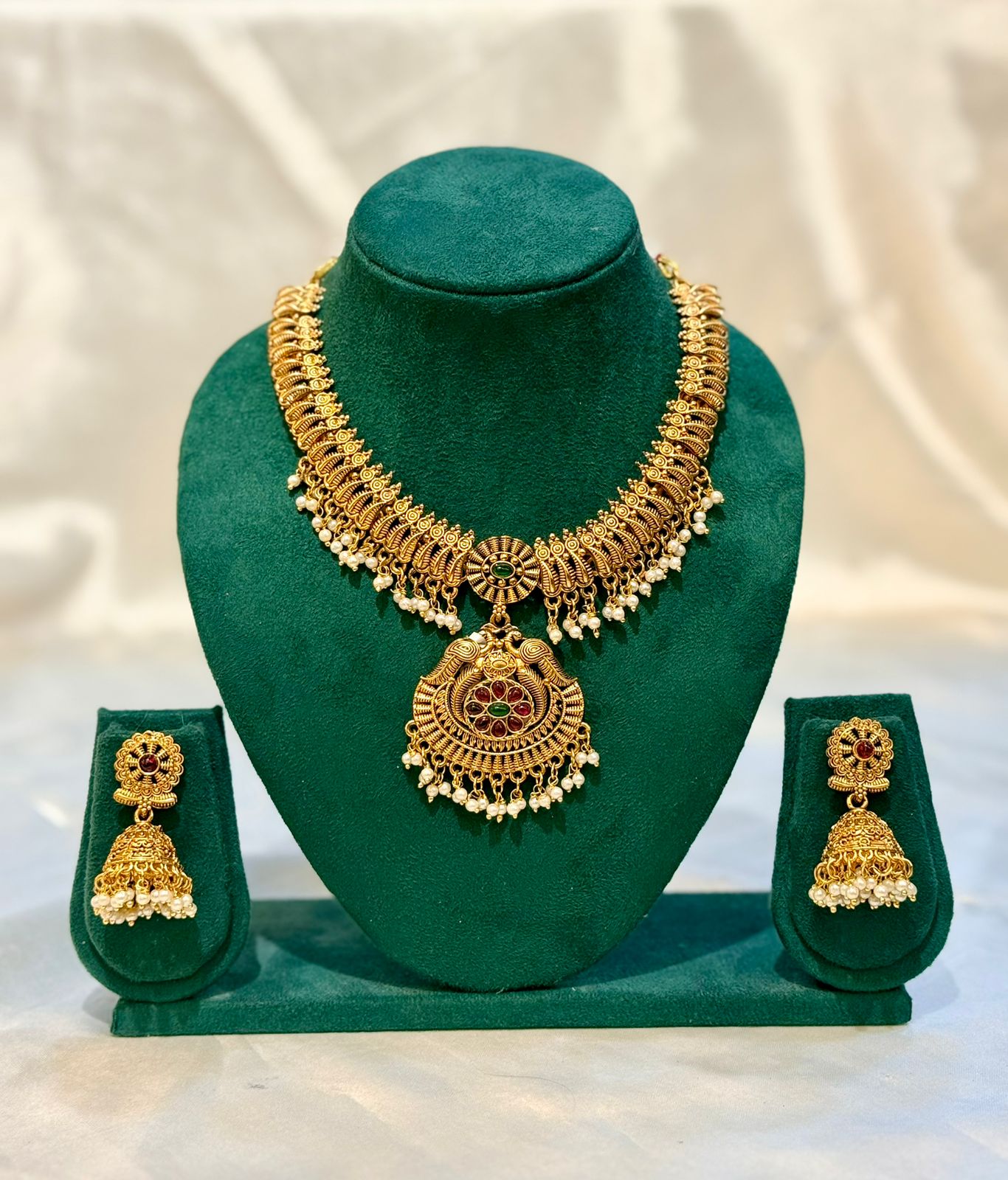 Antique Gold Peacock Chandbali Necklace & Jhumka Earring Set with Pearls | llb078