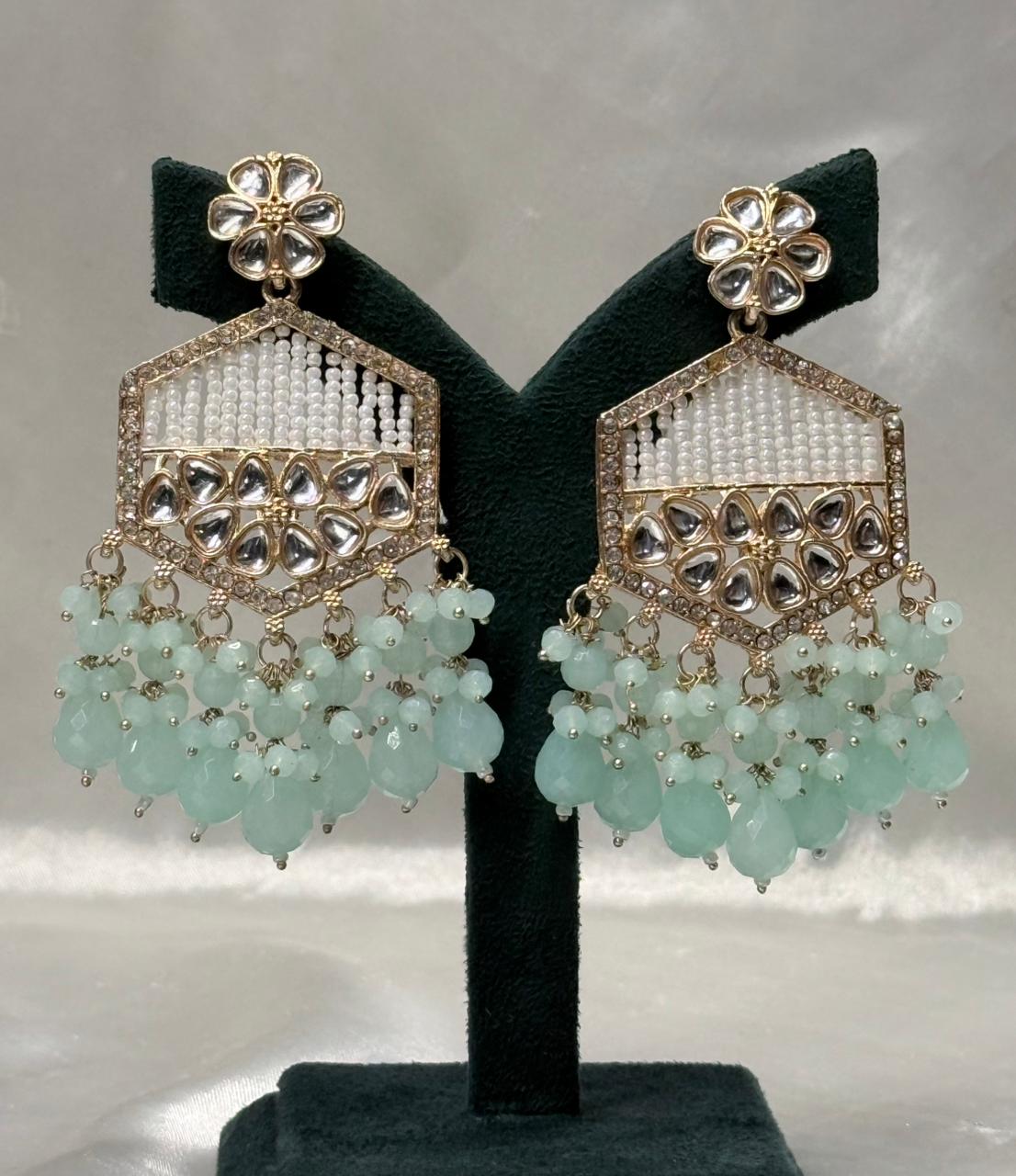 Mint Green Kundan Pearl Drop Earrings for Women,llb596