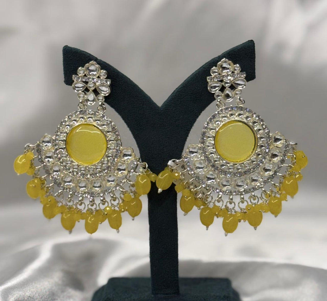 Gold Plated Kundan Chandbali Earrings with Yellow Stone,llb590