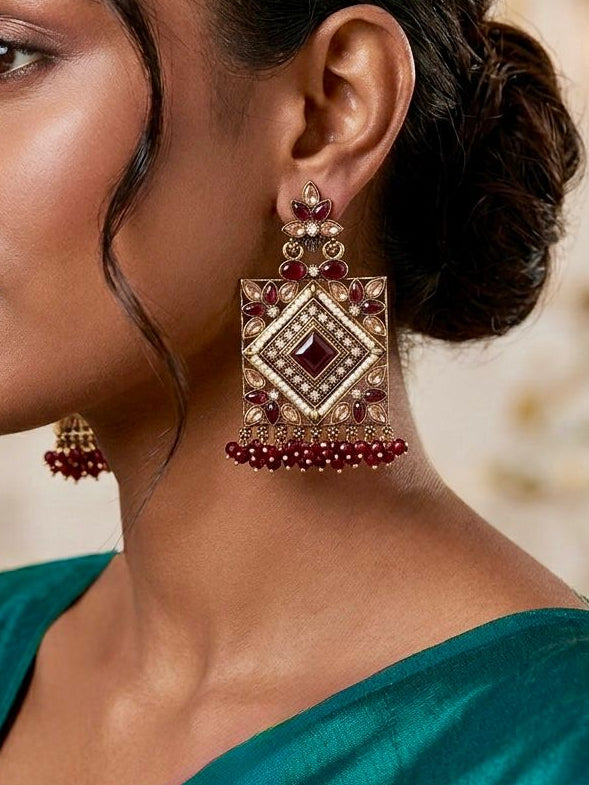 Maroon Kundan Square Earrings | llb0117